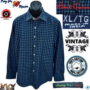 Robert Graham X VINTAGE  XL Black Blue Windowpanel Slant Strip Woven Cotton Long